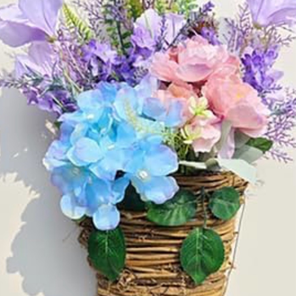 Cream Hydrangea Door Hanger Basket Wreath, Wildflowers Door Hanging Basket - Picture 2 of 2